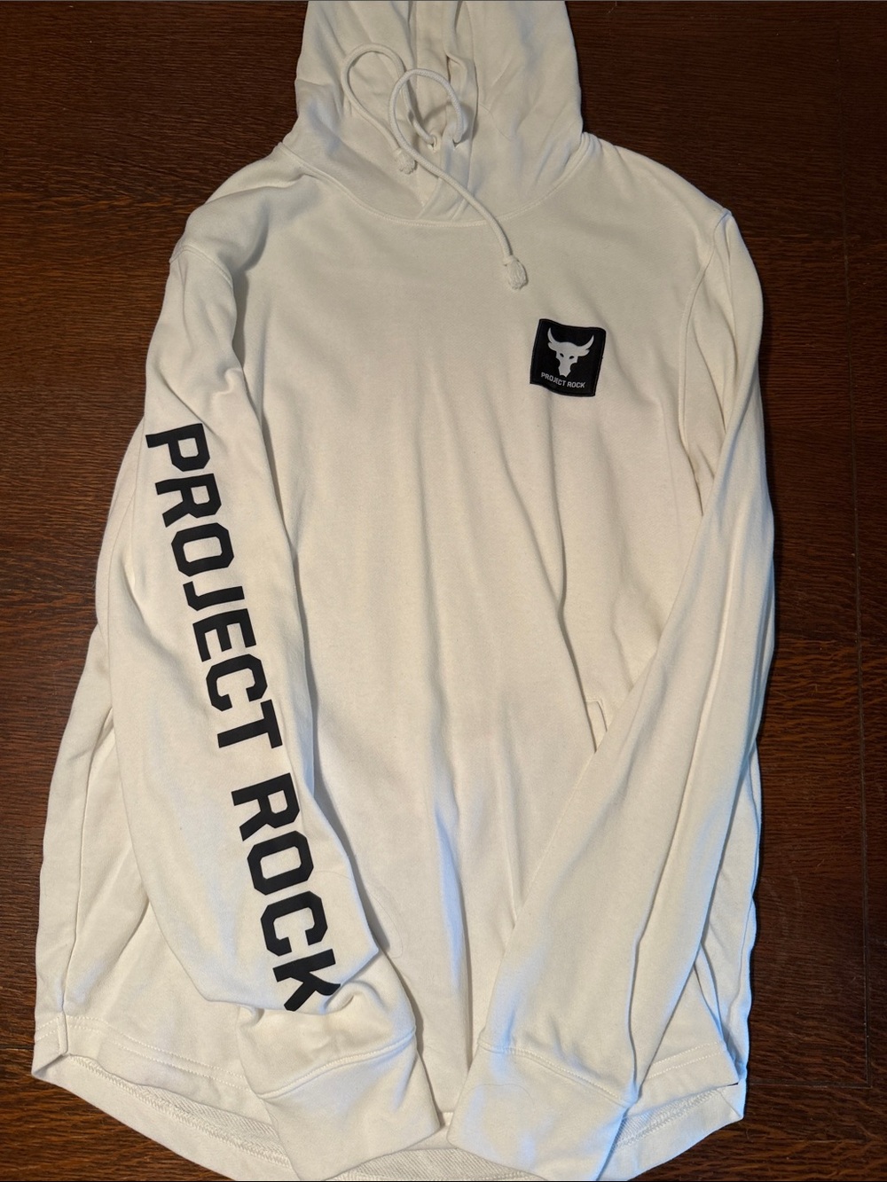 Under Armour White Project Rock Hoodie with Black Sleeve Text